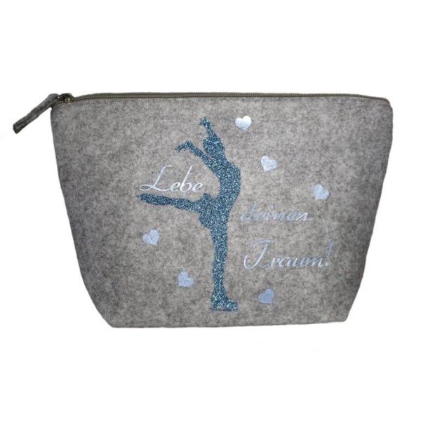 Filztasche groß, Kosmetiktasche Eiskunstlauf blau