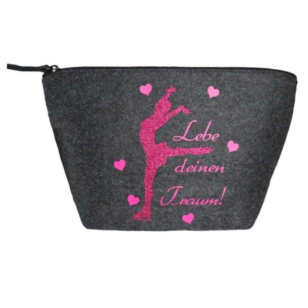 Filztasche groß, Kosmetiktasche Eiskunstlauf pink